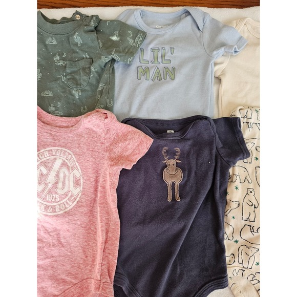 Carters Baby Boy 12M Bodysuit Lot 7pc AC/DC Polar Bear Camping Dogs Lil Man 12M - Picture 3 of 6
